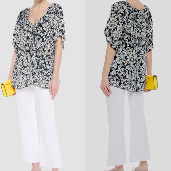 NWT SEE BY CHLOE Floral Print Crepe Ruffled Drawstring Blouse Multicolor Black - Picture 4 of 16